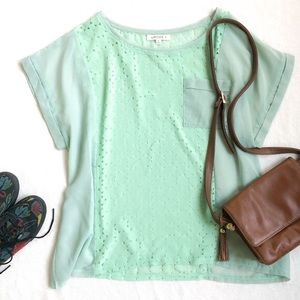 Umgee+ Seafoam Laser Cut 60/40 Short Sleeve Top